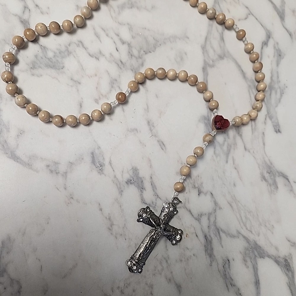 OLIVE WOOD HOLY LAND ROSARY Beaded Cross Necklace with Silver and Red Accents